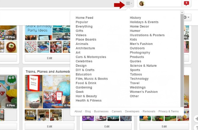 Categories on Pinterest